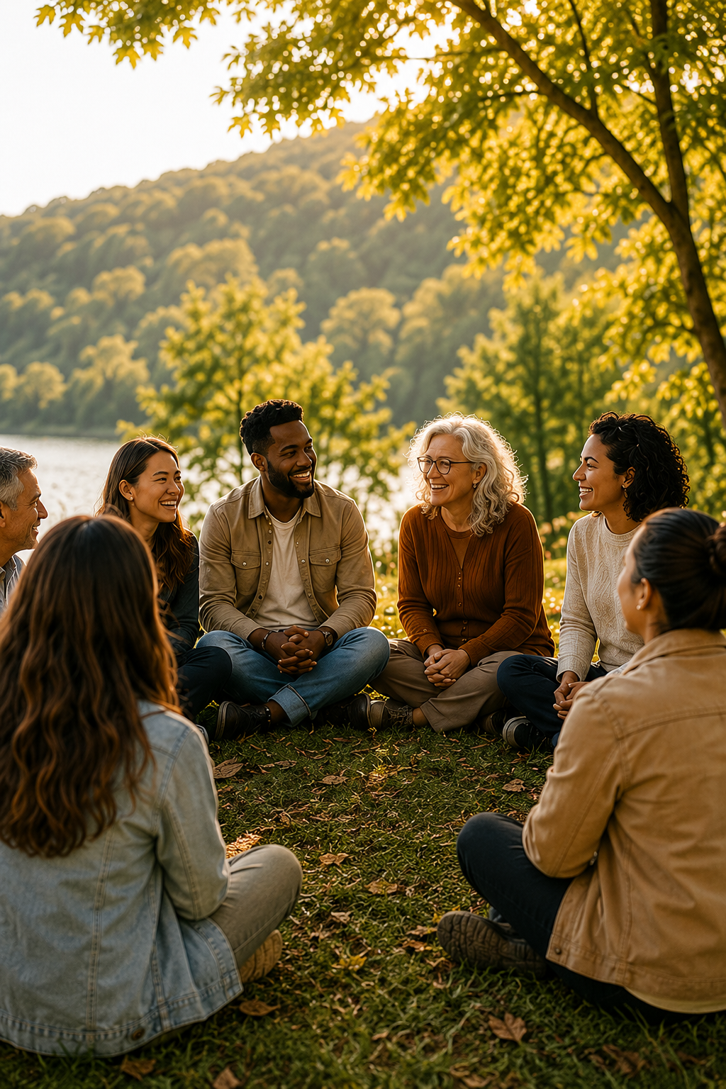 A community circle gathered outdoors in conversation